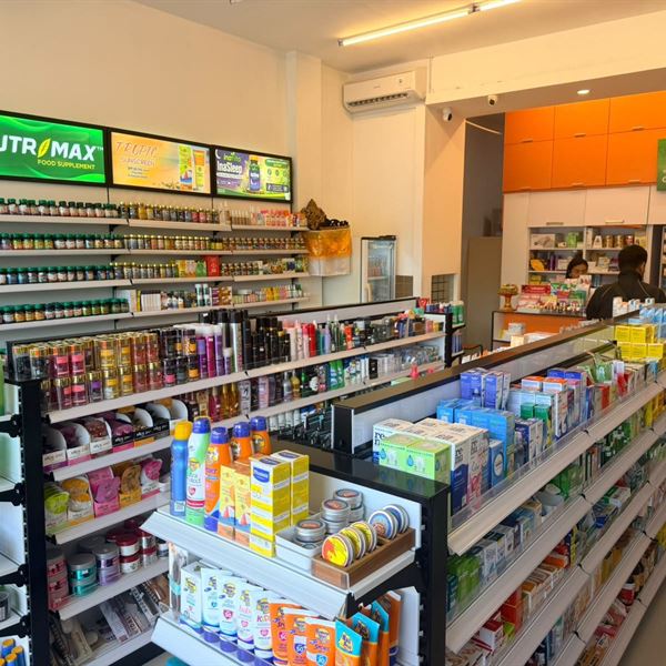 Pharmacy counter and shelves